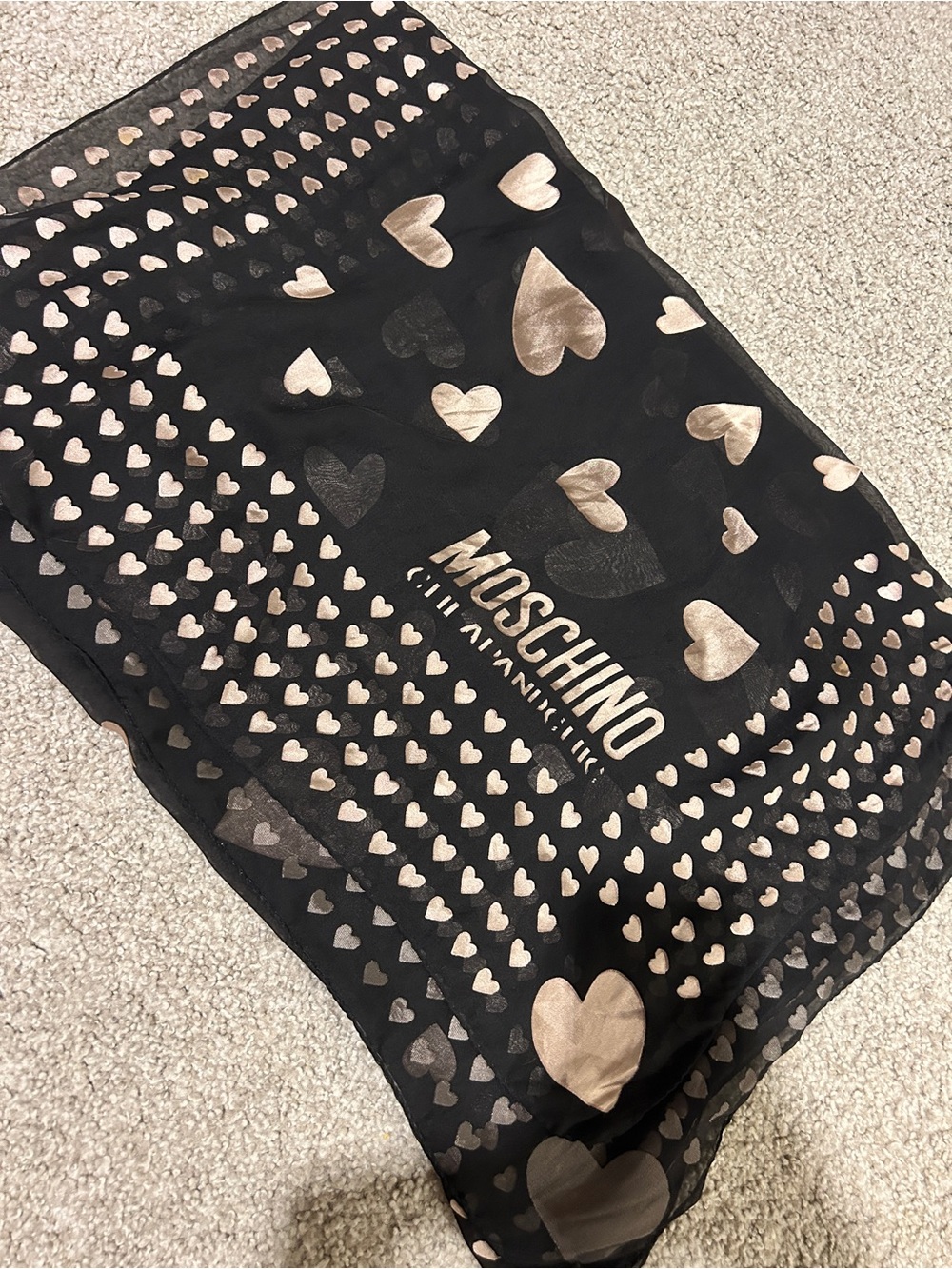 Moschino CheapandChic Black & Blush Heart Print 100% Silk Scarf
